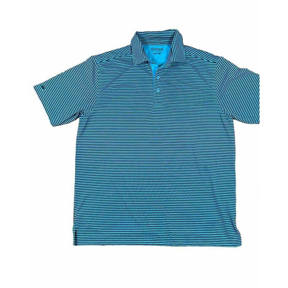 PGA Authentic Performance Golf Blue Black‎ Striped Button Polo Shirt Size Large